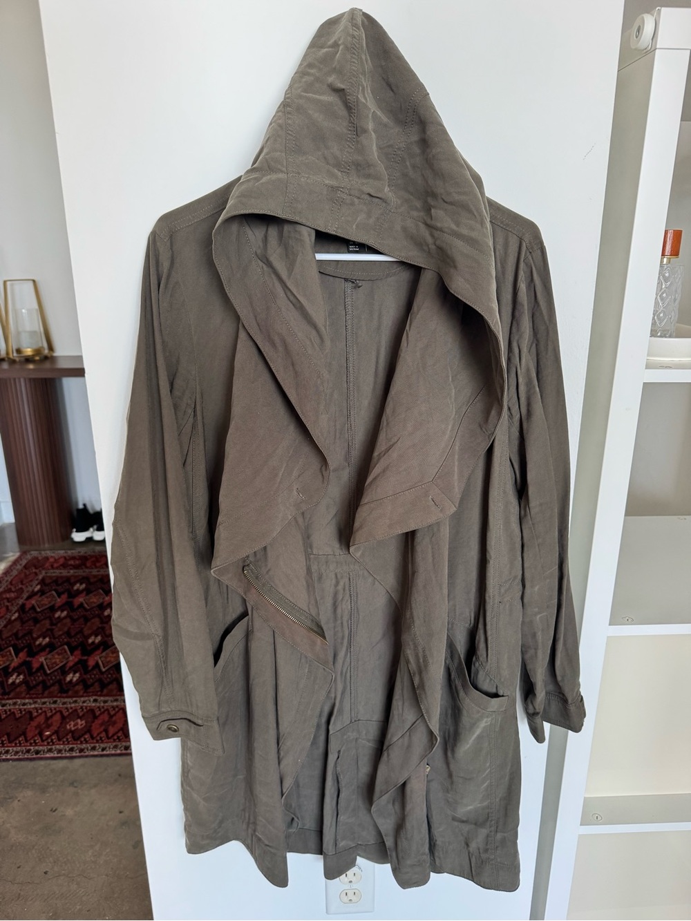 Women's Hooded Draped Trench Coat - Olive